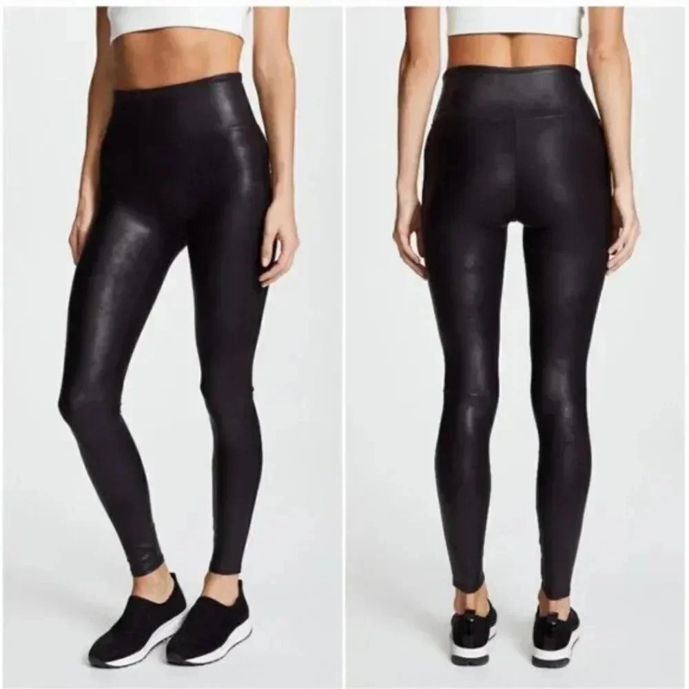 Spanx Leggings Pants Elastic Waist Stretch Faux Leather Shiny Black Size Small